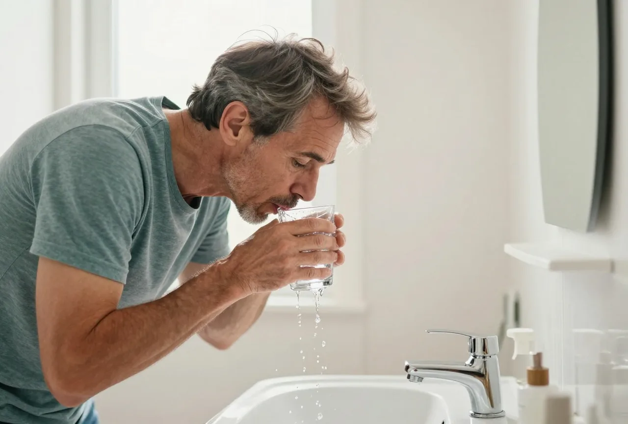 Mann in den Fünfzigern steht morgens am Waschbecken im Bad und spült sich den Mund mit Wasser aus einem Glas aus