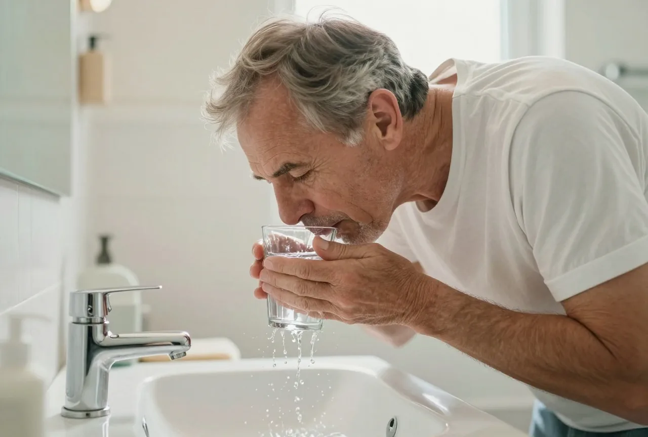 Mann in den Sechzigern spült sich am hellen Waschbecken im Badezimmer mit einem Glas Wasser den Mund aus
