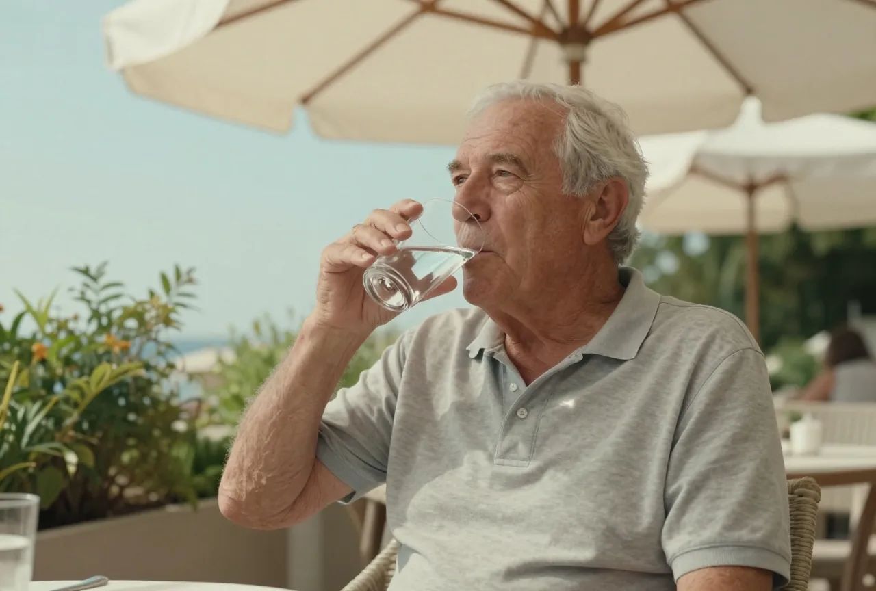 Älterer Mann mit hellem Hautton sitzt im Schatten eines Sonnenschirms auf einer Terrasse und trinkt schluckweise ein Glas Wasser