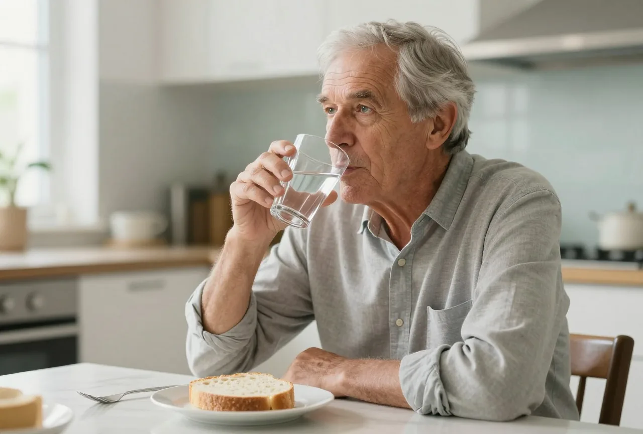 Älterer Mann sitzt am Küchentisch und trinkt aus einem Glas Wasser, daneben ein Teller mit Brot