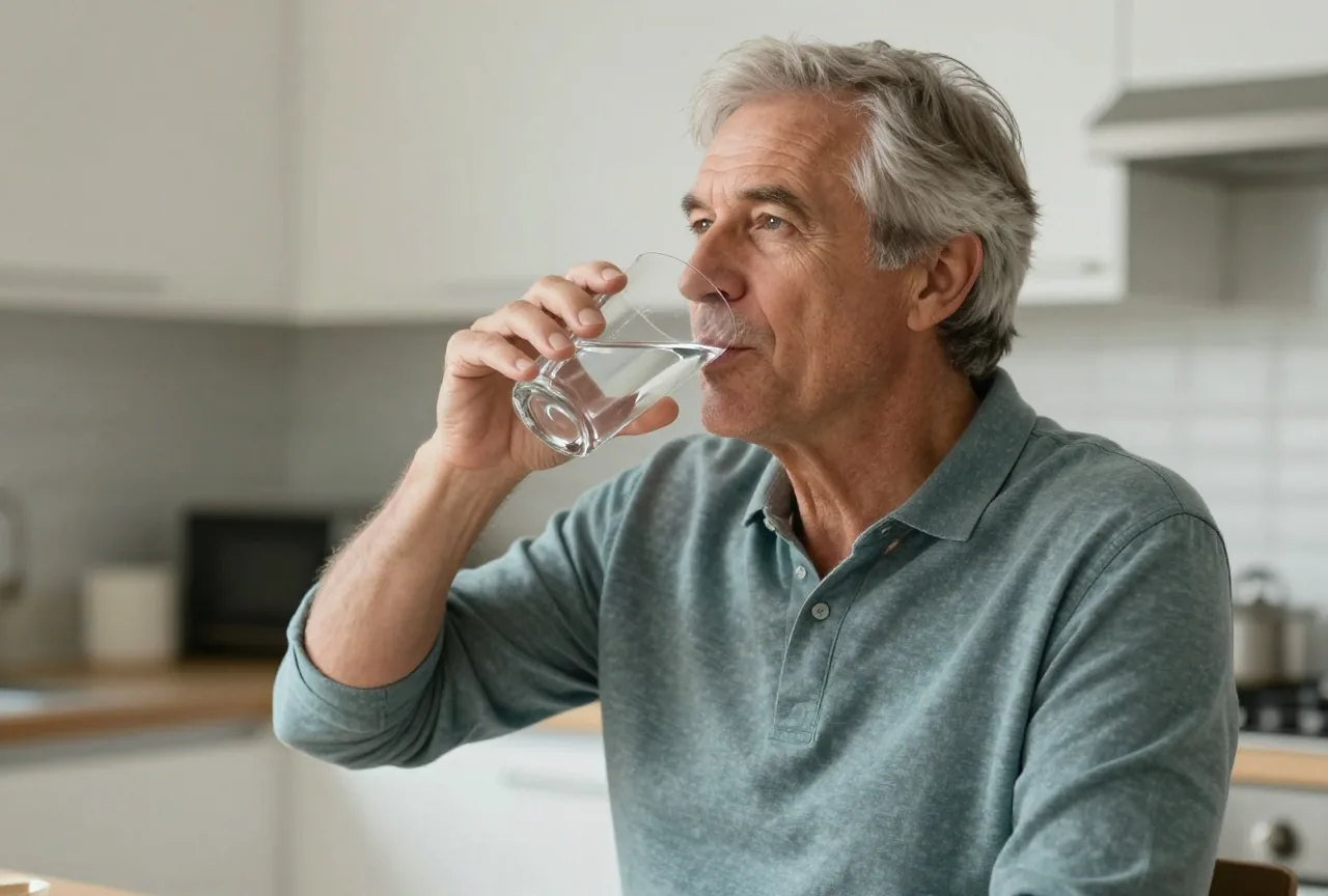 Mann in den Sechzigern trinkt am Abend in einer hellen Küche ein großes Glas Wasser