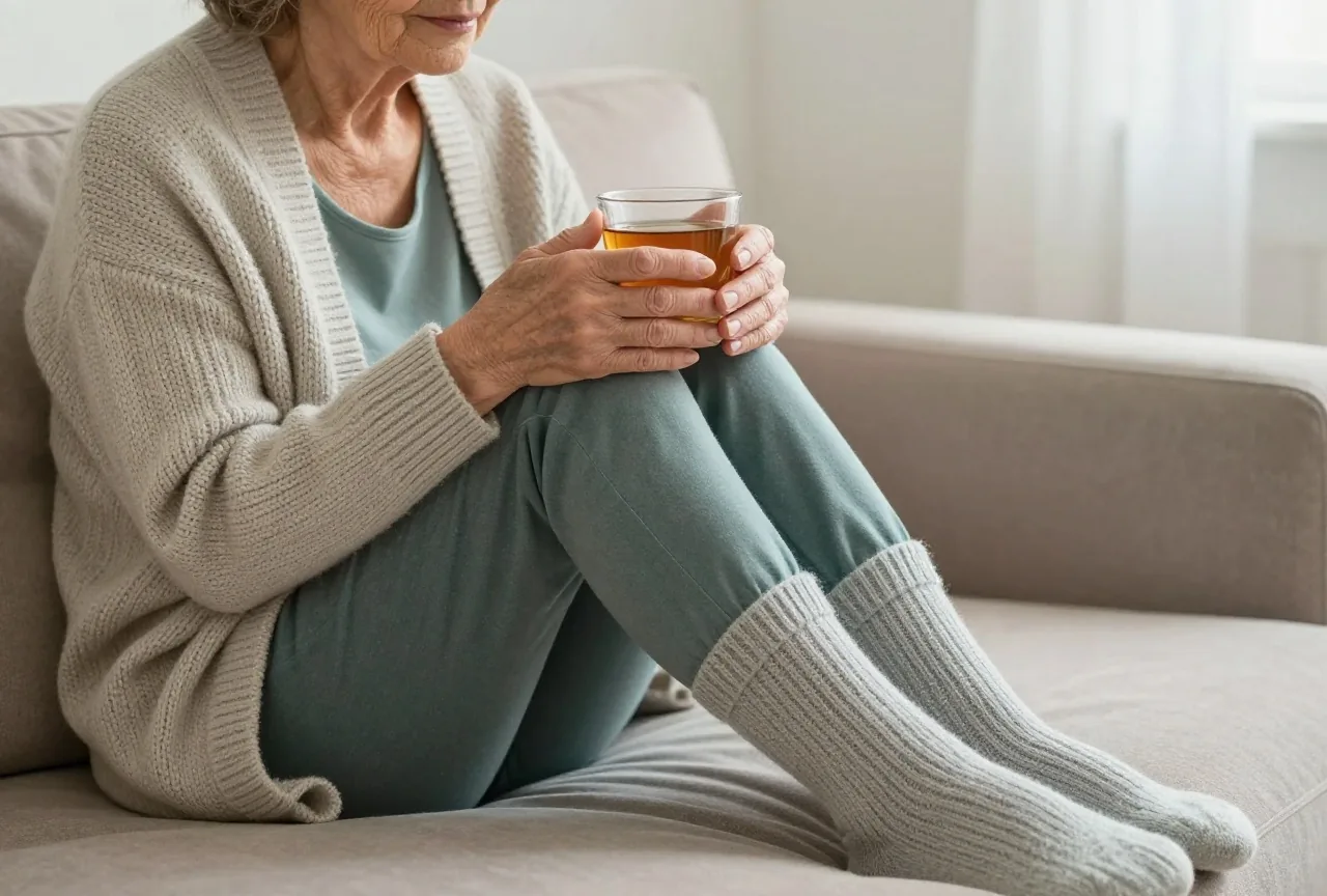 Ältere Frau in Strickjacke sitzt auf dem Sofa und wärmt ihre Hände an einer Teetasse
