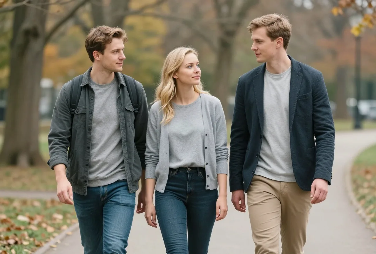 Frau in den Dreißigern geht an einem Herbsttag mit zwei Begleitern ruhig im Park spazieren