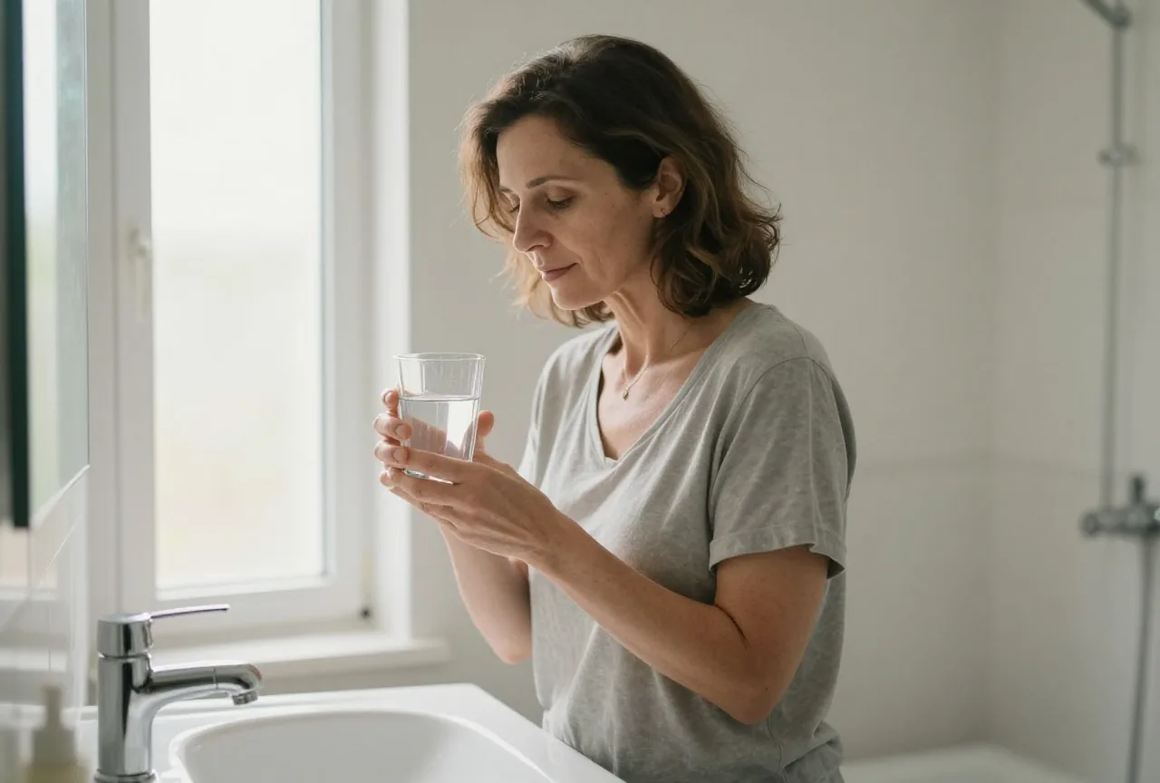 Frau in den Fünfzigern steht am hellen Waschbecken im Bad und hält ein Glas Wasser in der Hand
