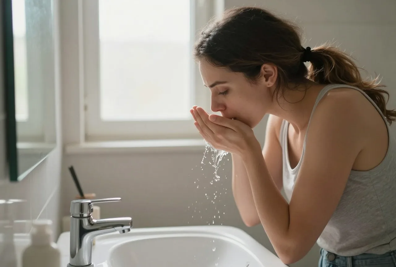Frau in den Dreißigern steht morgens im hellen Badezimmer am Waschbecken und spült sich den Mund mit Wasser aus