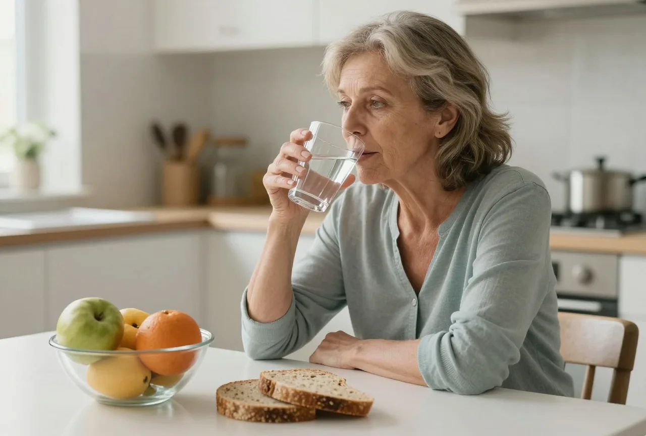 Frau Ende sechzig trinkt am hellen Küchentisch ein Glas Wasser, daneben eine Schale mit frischem Obst und Vollkornbrot