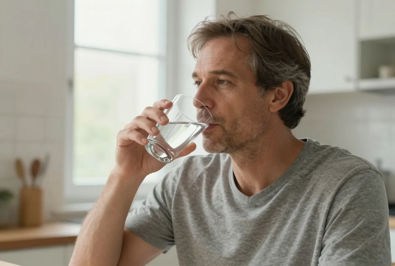 Mann Mitte vierzig trinkt am Morgen ein Glas Wasser in einer hellen Küche, im Hintergrund ein Fenster mit Tageslicht