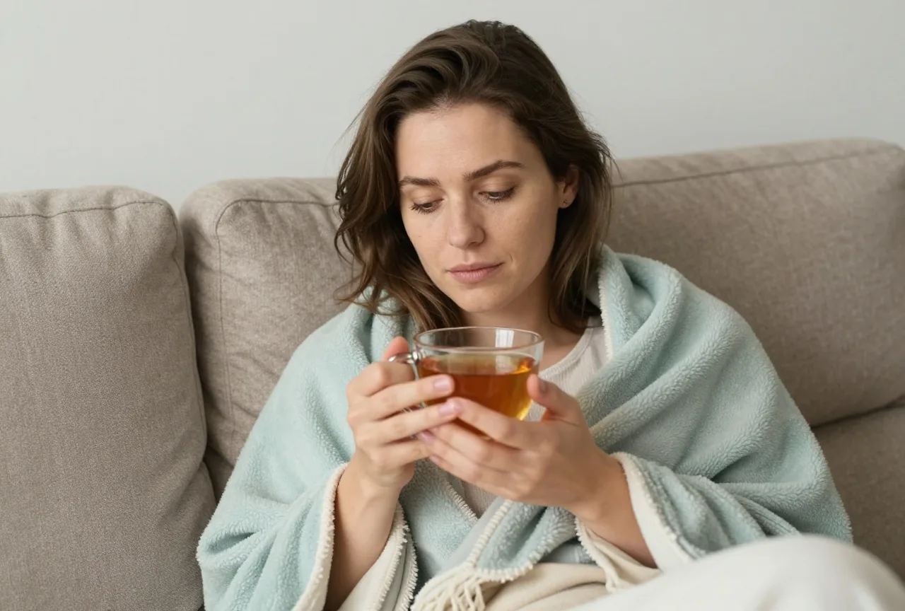 Frau Anfang dreißig ruht in eine Decke gehüllt auf dem Sofa und hält eine Tasse Kräutertee in den Händen
