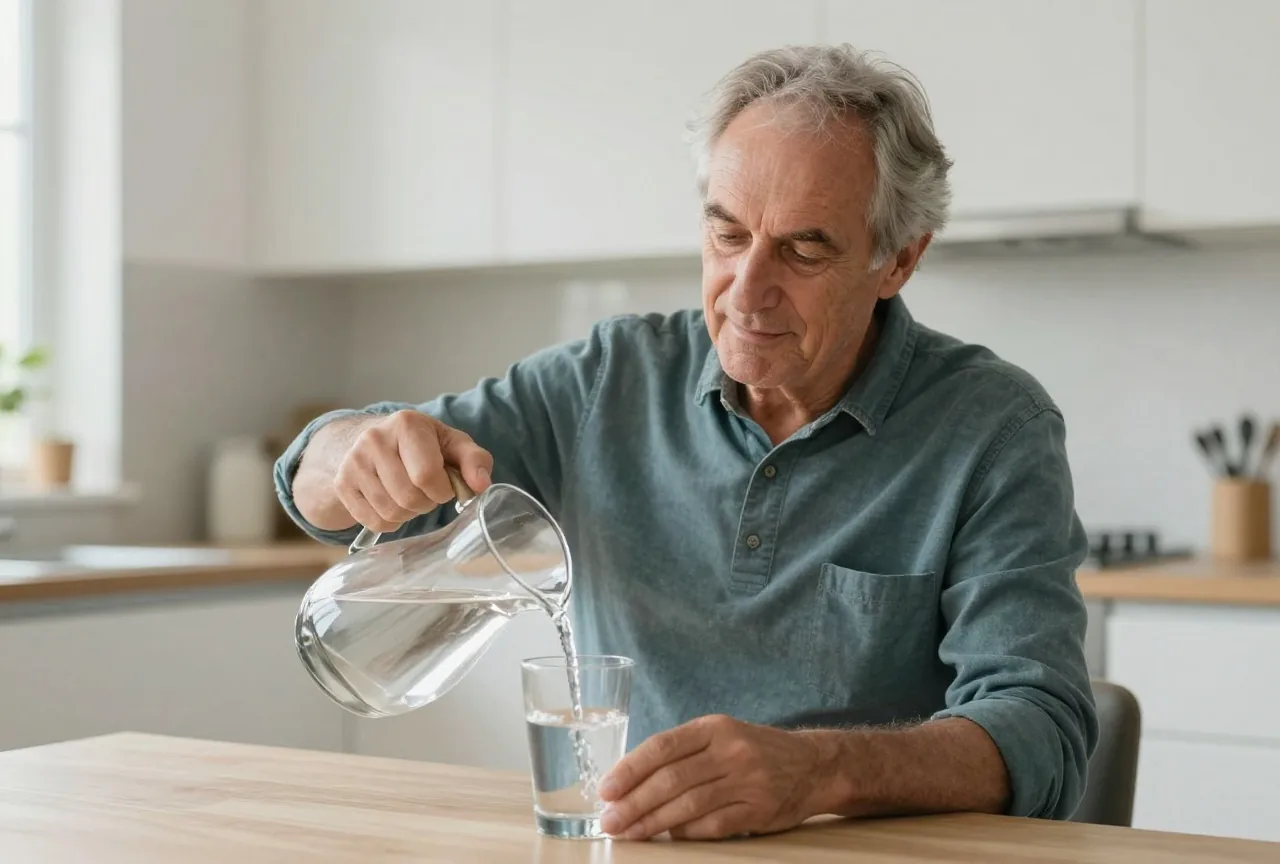 Mann in den Sechzigern gießt sich am Küchentisch aus einer Karaffe ein Glas Wasser ein