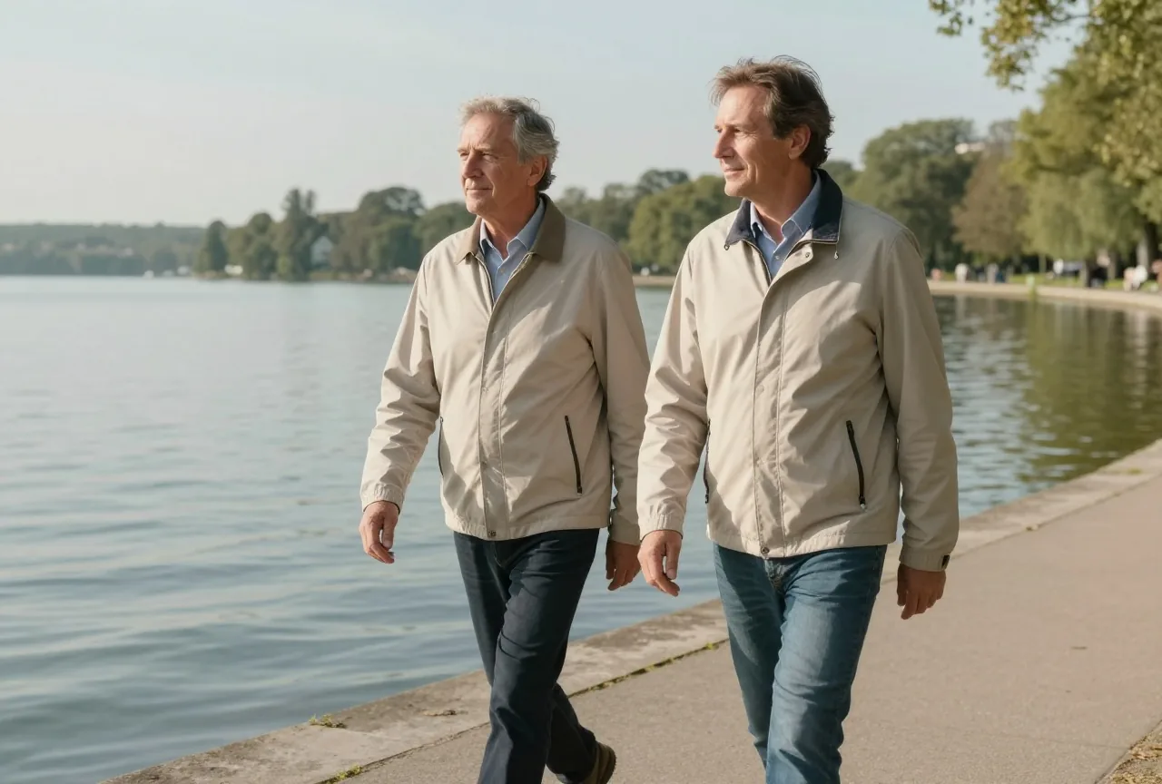 Mann in den Fünfzigern geht an einem hellen Tag mit einem Freund entspannt einen Weg am Seeufer entlang