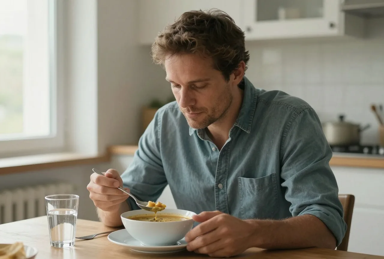 Mann Anfang vierzig isst am Küchentisch eine Schüssel Suppe, daneben ein Glas Wasser