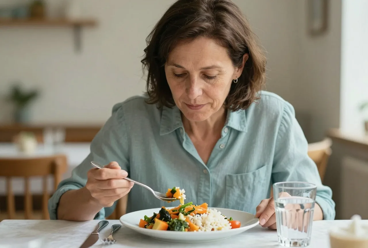 Frau in den Vierzigern isst am Esstisch eine Mahlzeit mit Gemüse, daneben ein Glas Wasser