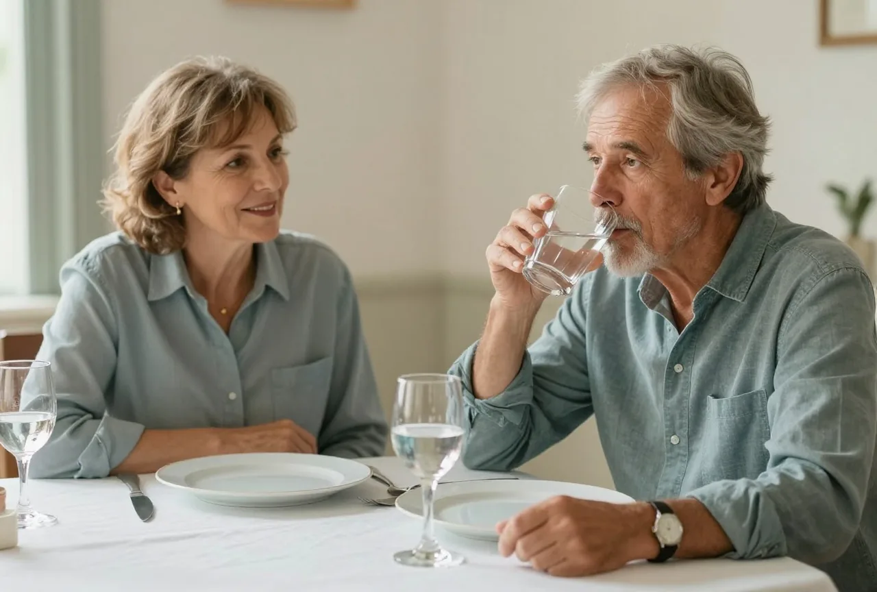 Paar in den Sechzigern sitzt nach dem Mittagessen am gedeckten Tisch, einer der beiden trinkt ein Glas Wasser