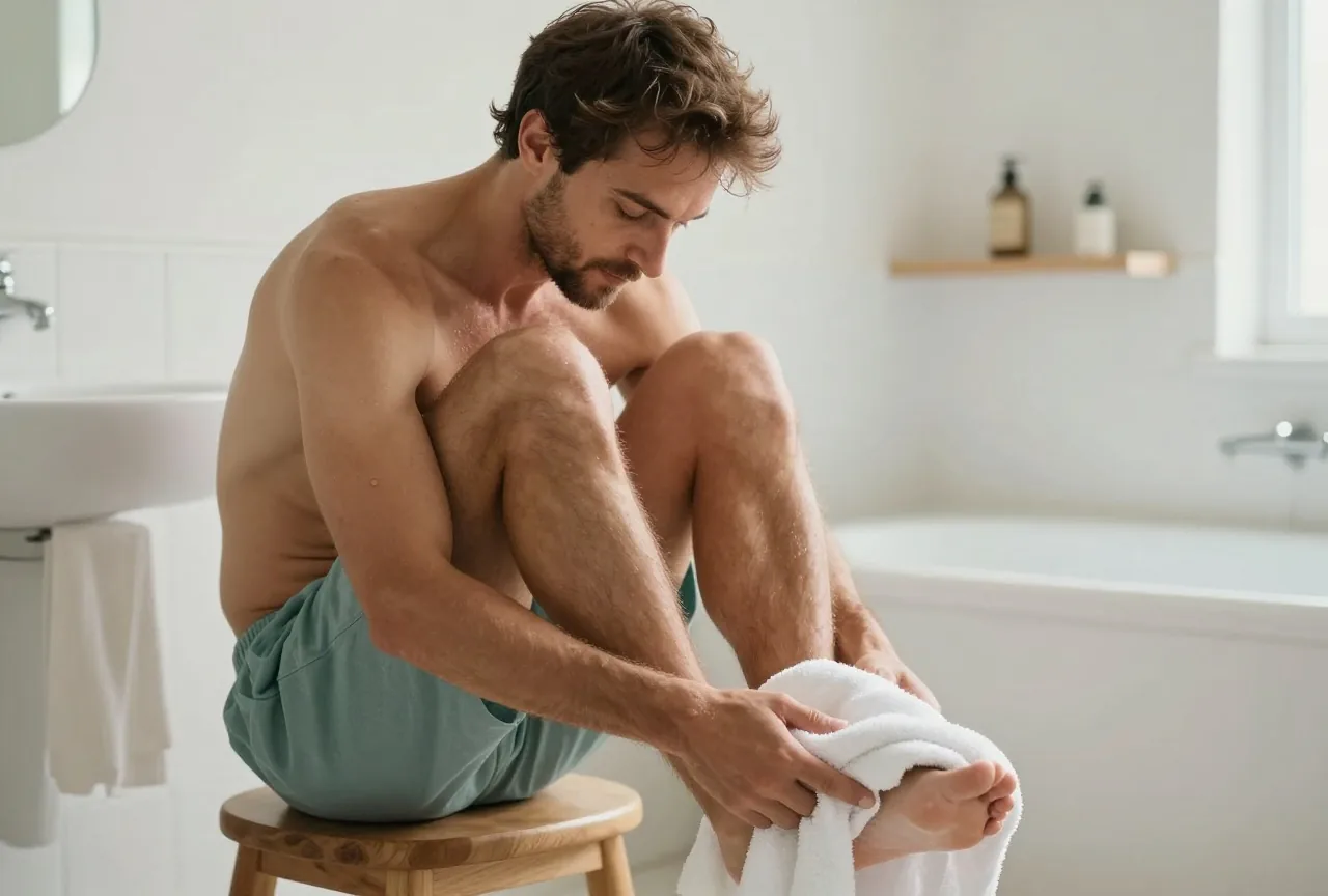 Mann in den Dreißigern sitzt nach dem Duschen auf einem Holzhocker in einem hellen Badezimmer und trocknet seine Füße mit einem Handtuch ab