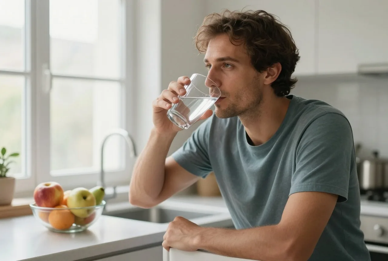 Mann in den Dreißigern trinkt morgens an einer hellen Küchenzeile ein großes Glas Wasser, im Hintergrund eine Obstschale