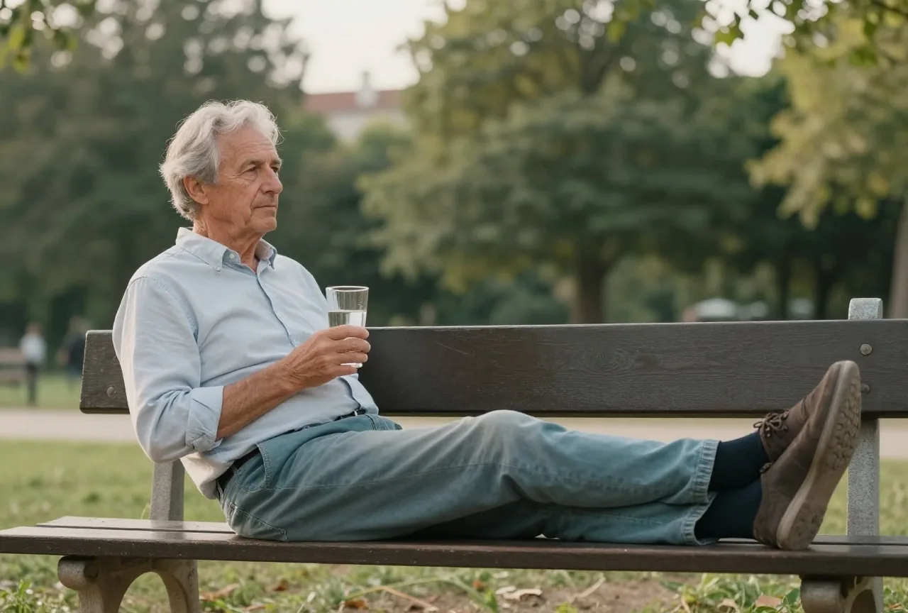 Mann in den Sechzigern sitzt auf einer Parkbank und hält ein Glas Wasser, die Beine entspannt ausgestreckt