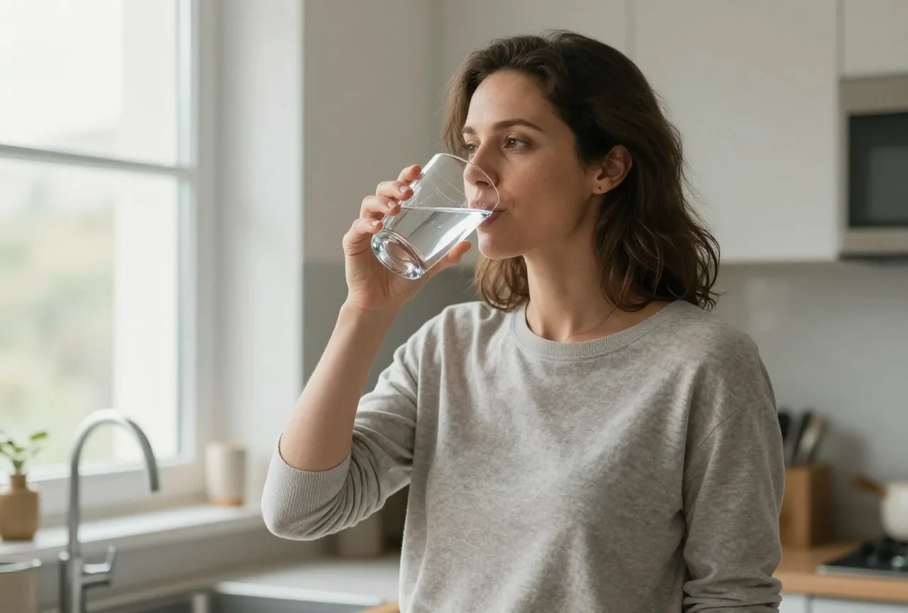 Frau in den Dreißigern steht aufrecht in der Küche und trinkt ein großes Glas Wasser