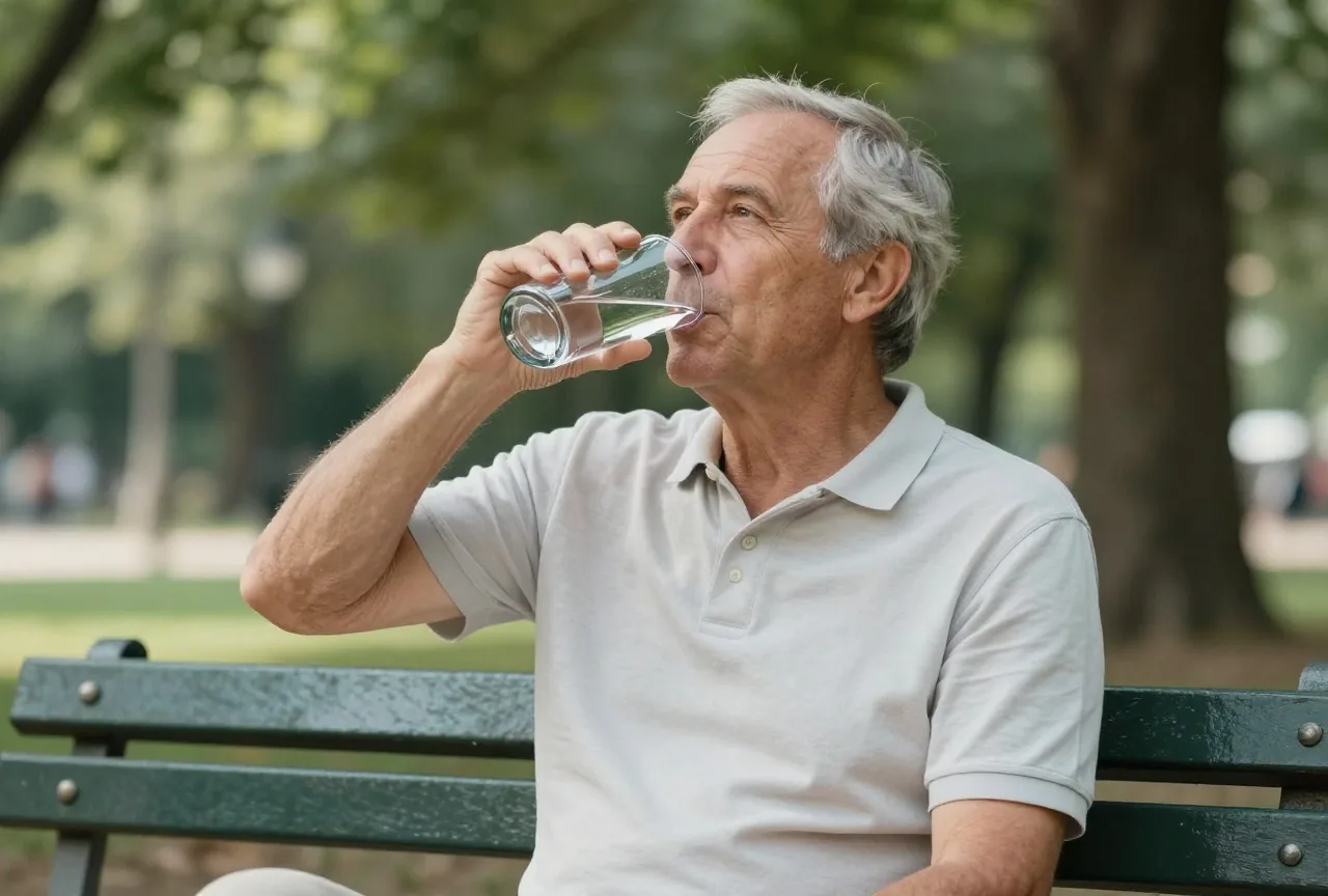 Mann Anfang sechzig sitzt im Schatten auf einer Parkbank und trinkt einen Schluck Wasser aus einer Glasflasche