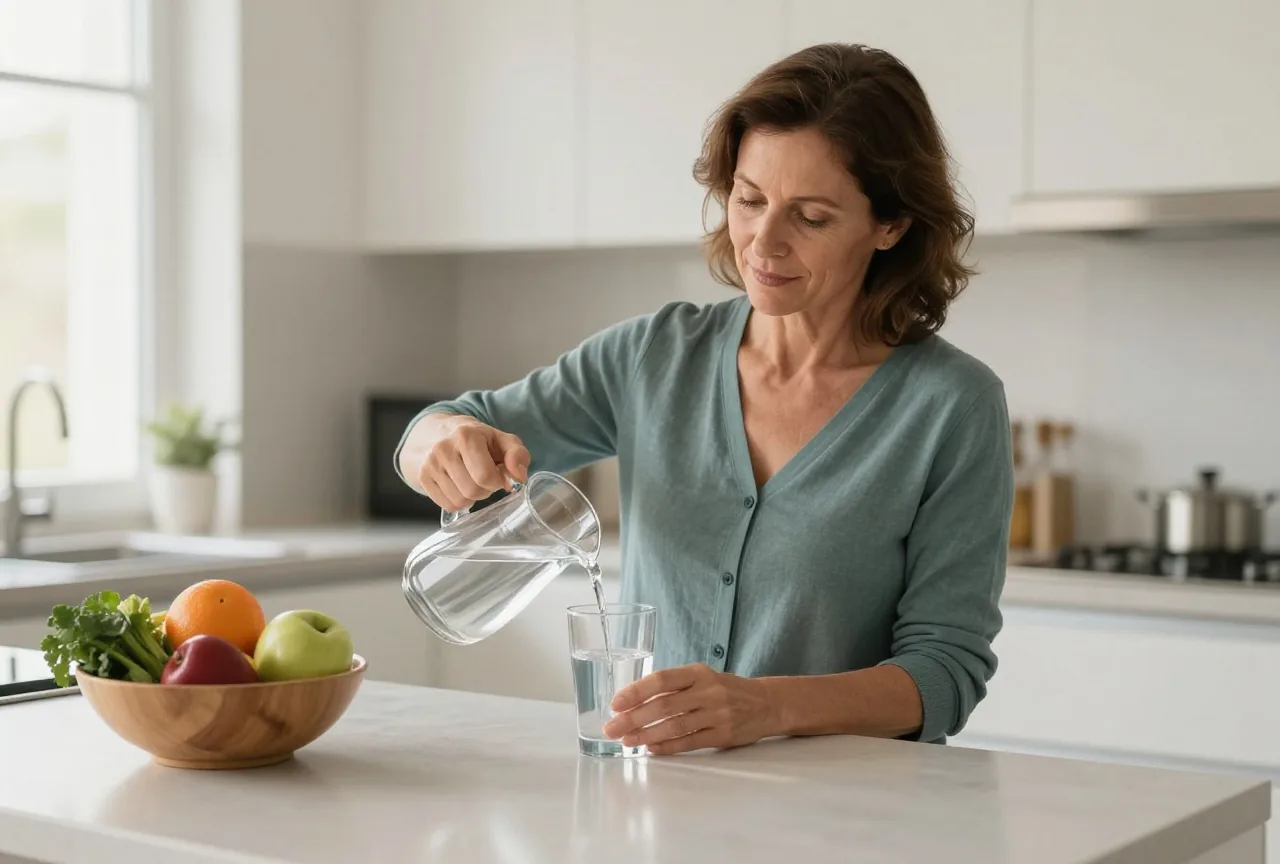 Frau in den Vierzigern schenkt sich morgens an einer hellen Küchenarbeitsplatte ein Glas Wasser ein, daneben eine Schale mit frischem Obst und Gemüse