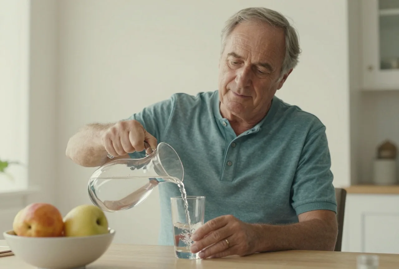 Mann in den Sechzigern schenkt sich an einem sonnigen Esstisch Wasser aus einer Karaffe in ein Glas