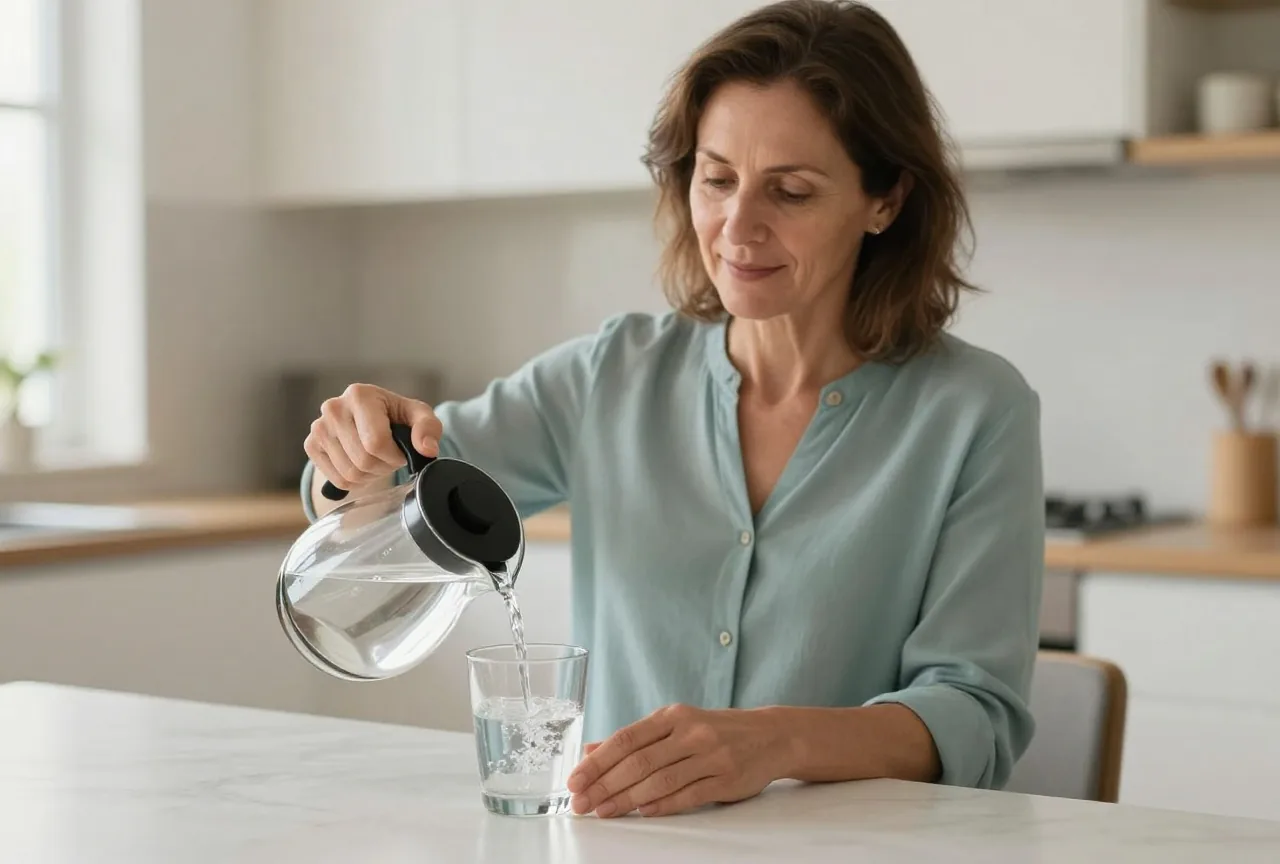 Frau in den Fünfzigern schenkt sich am Küchentisch ein Glas Wasser aus einer Karaffe ein