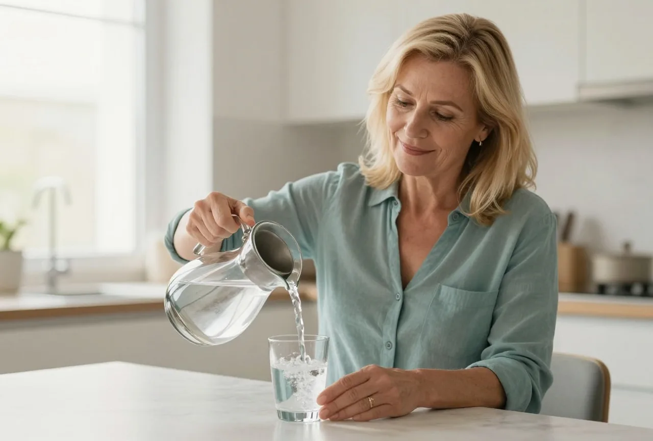 Frau Ende fünfzig gießt am hellen Küchentisch Wasser aus einer Glaskaraffe in ein Glas