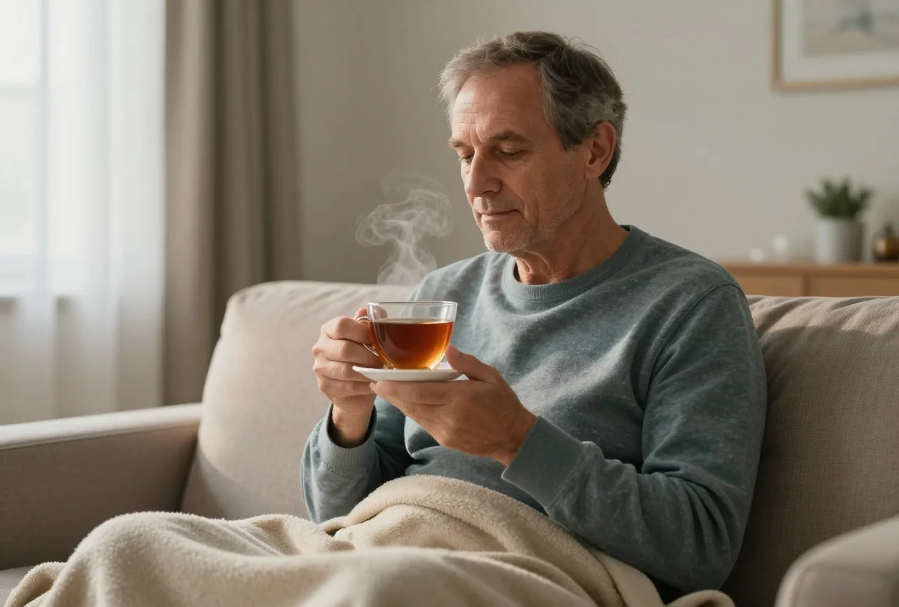 Mann um die fünfzig sitzt abends mit einer dampfenden Tasse Tee in einem ruhigen Wohnzimmer und hat eine Decke über den Knien