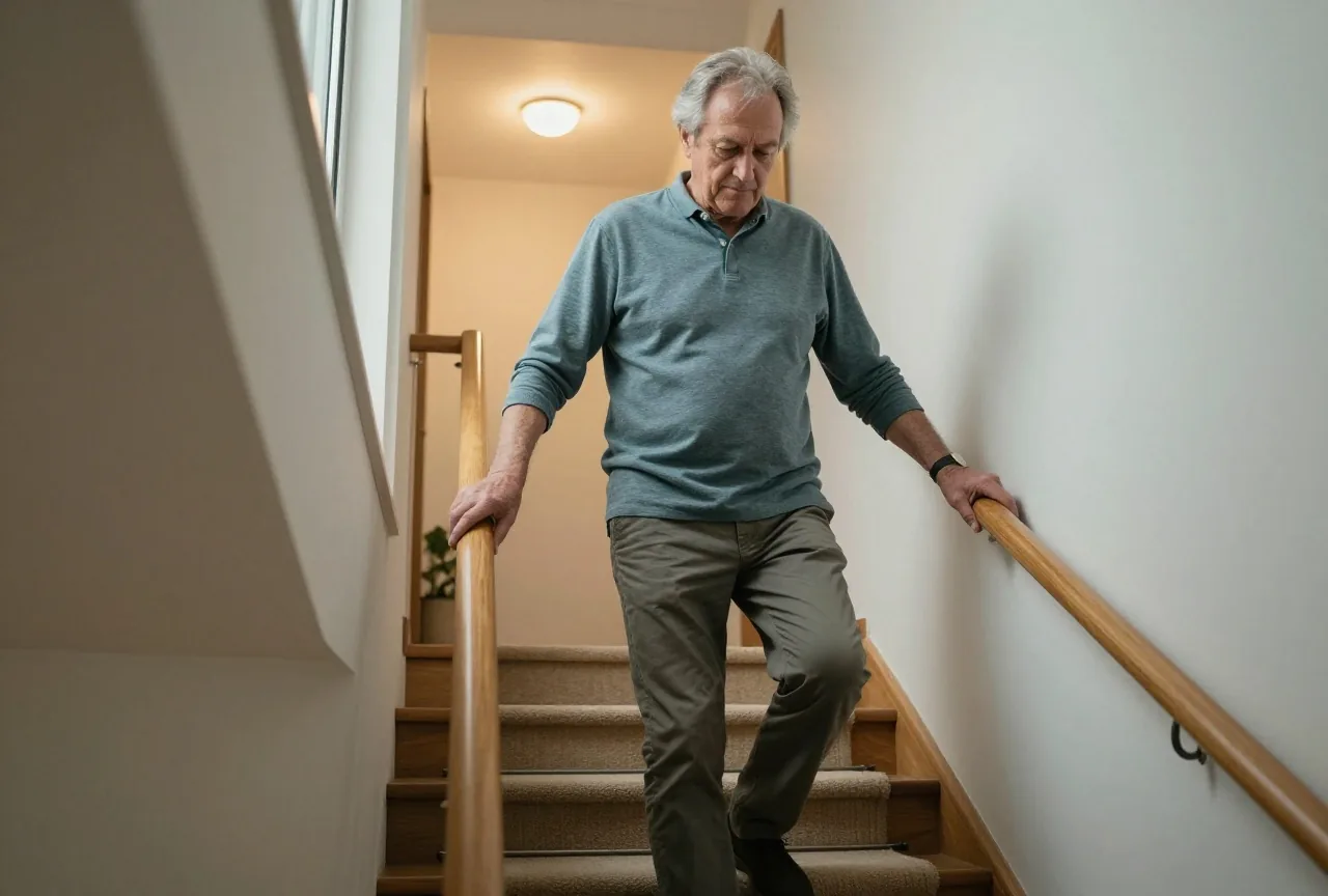 Mann in den Sechzigern geht abends in seinem Haus langsam eine Treppe hinunter und hält sich dabei am Holzgeländer fest