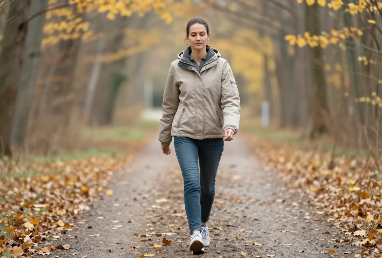 Frau Anfang dreißig geht im Herbst in Jacke und Turnschuhen zügig einen Waldweg entlang