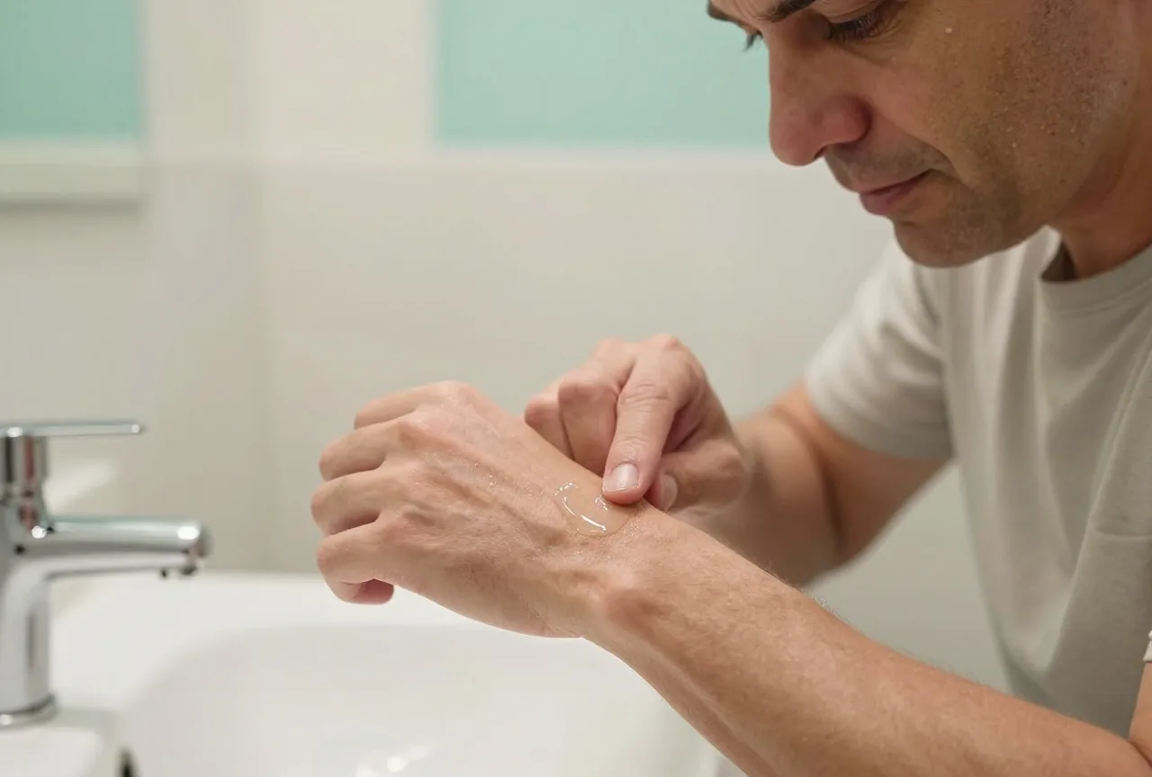 Mann in den Vierzigern trägt mit der Fingerspitze eine dünne Schicht klares Gel auf seinen Unterarm auf