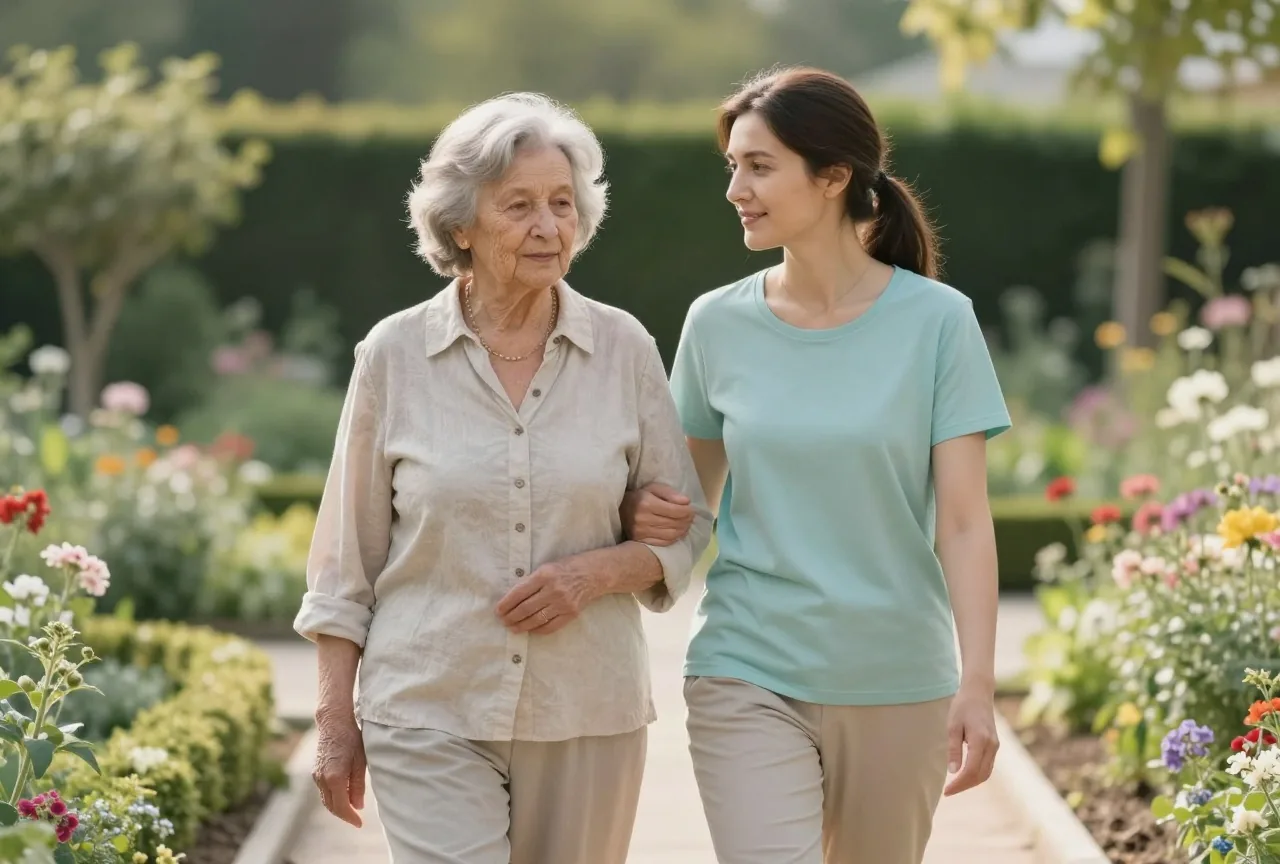 Ältere Frau mit hellem Haar geht mit einer Begleiterin Arm in Arm durch einen sonnigen Garten
