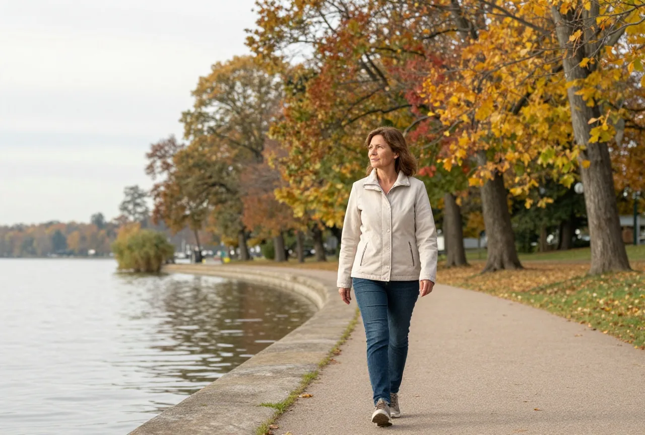 Frau in den Fünfzigern geht in einer leichten Jacke an einem herbstlichen Seeufer spazieren