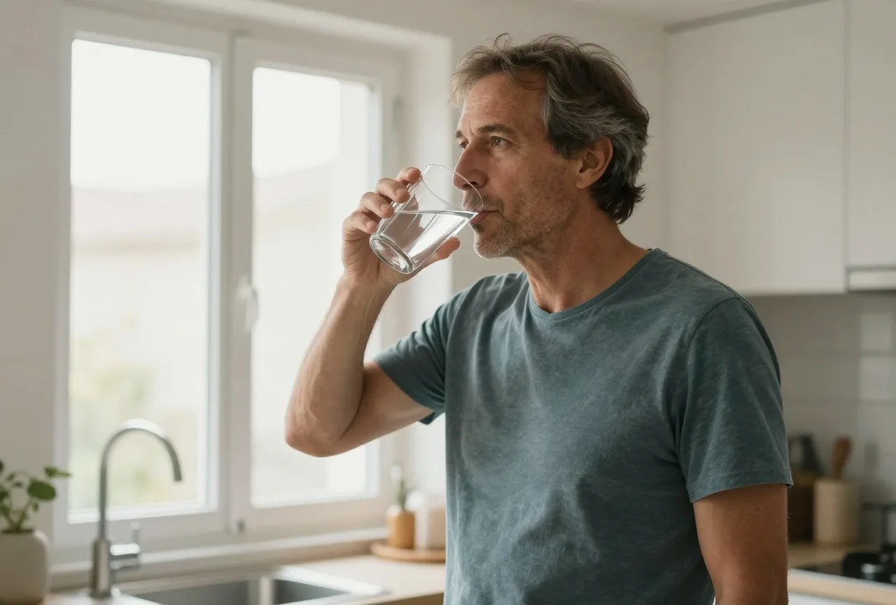 Mann Mitte fünfzig steht morgens in einer hellen Küche und trinkt ein großes Glas Wasser