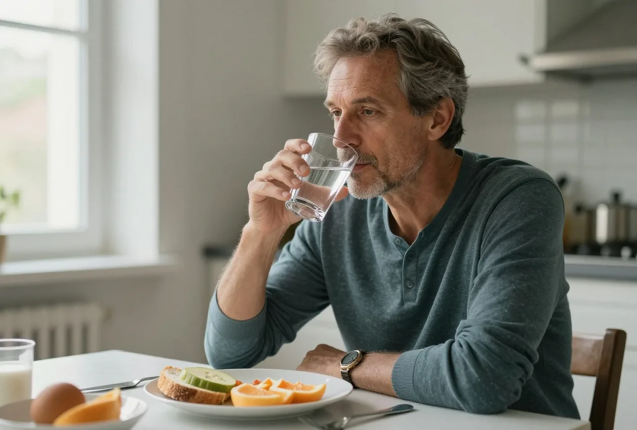 Mann in den Fünfzigern trinkt am Frühstückstisch ein Glas Wasser, vor ihm ein Teller mit Brot und Obst