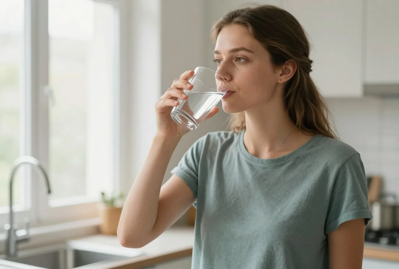 Junge Frau Anfang dreißig steht morgens in einer hellen Küche und trinkt ein Glas Wasser