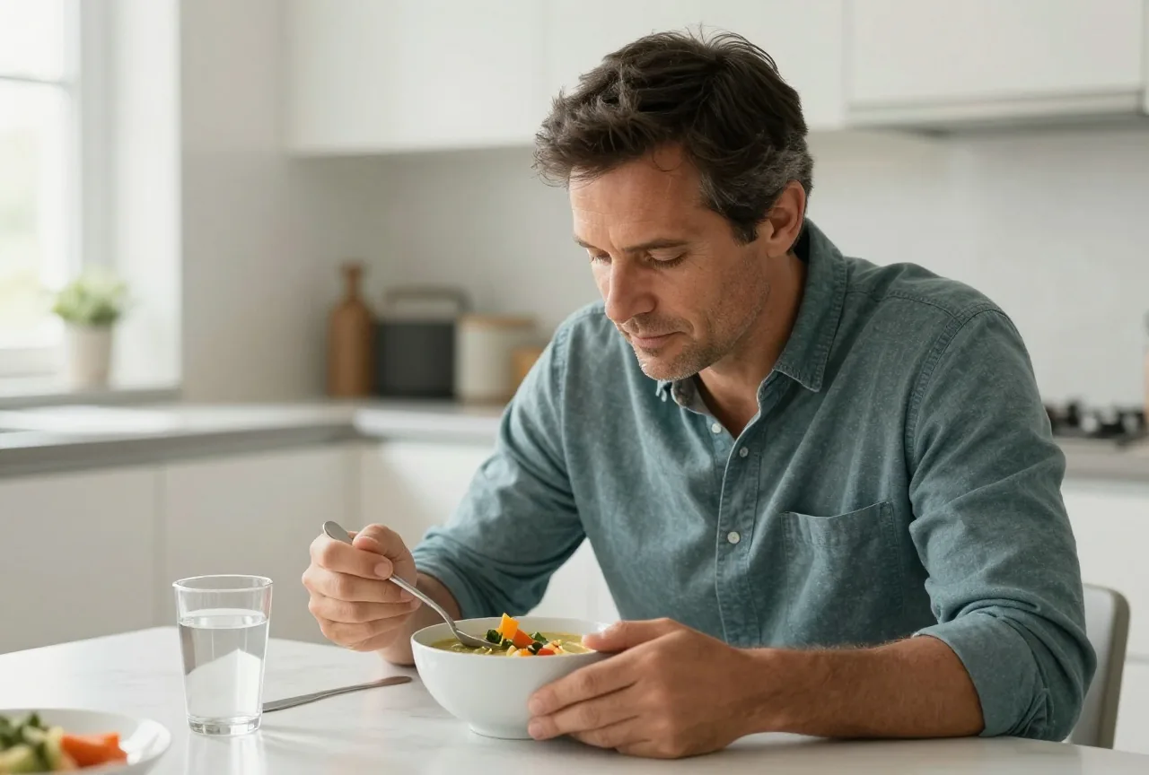 Mann in den Fünfzigern isst am hellen Küchentisch eine kleine Schale Gemüsesuppe, daneben ein Glas Wasser