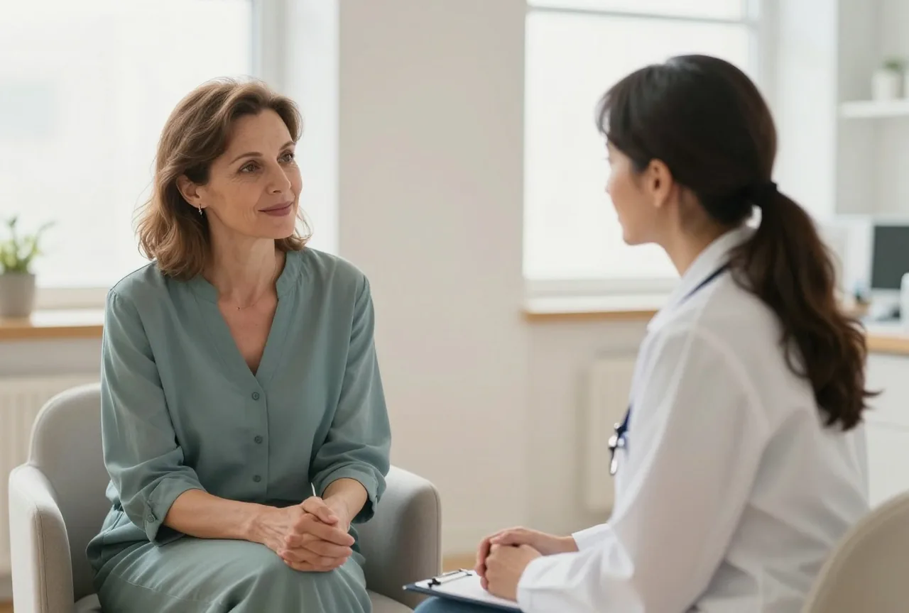 Frau in den Vierzigern im ruhigen Gespräch mit einer Ärztin in einem hellen Sprechzimmer