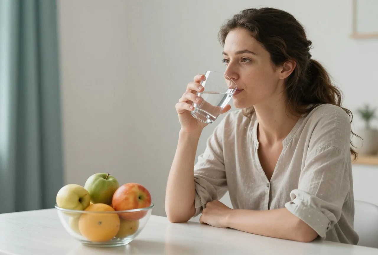 Frau Mitte dreißig trinkt am Vormittag an einem hellen Esstisch ein Glas Wasser, daneben eine Schale mit frischem Obst