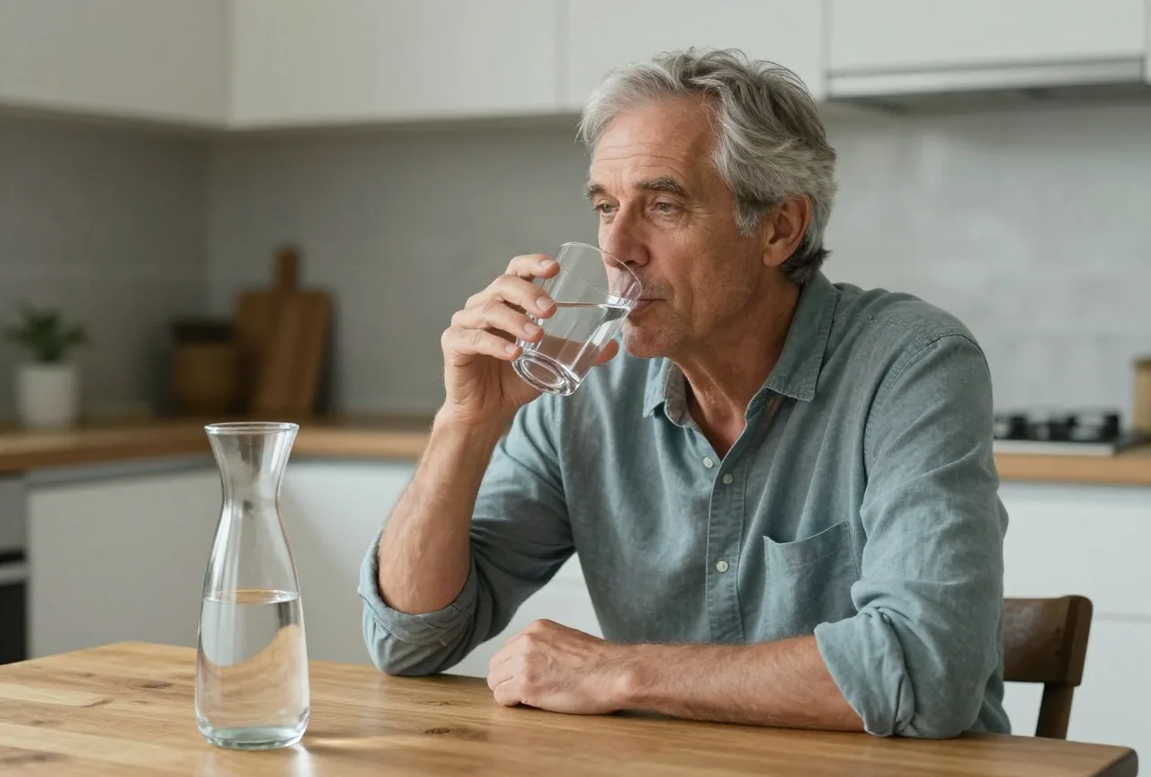 Mann Ende sechzig mit grauem Haar trinkt am Küchentisch ein Glas Wasser, daneben eine Wasserkaraffe