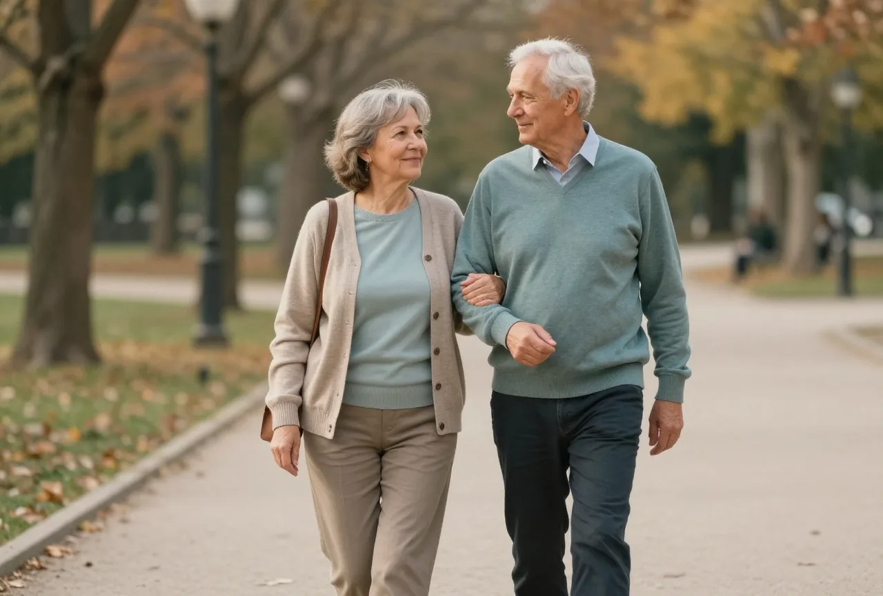 Älteres Paar geht an einem ruhigen Herbstnachmittag Arm in Arm einen ebenen Parkweg entlang