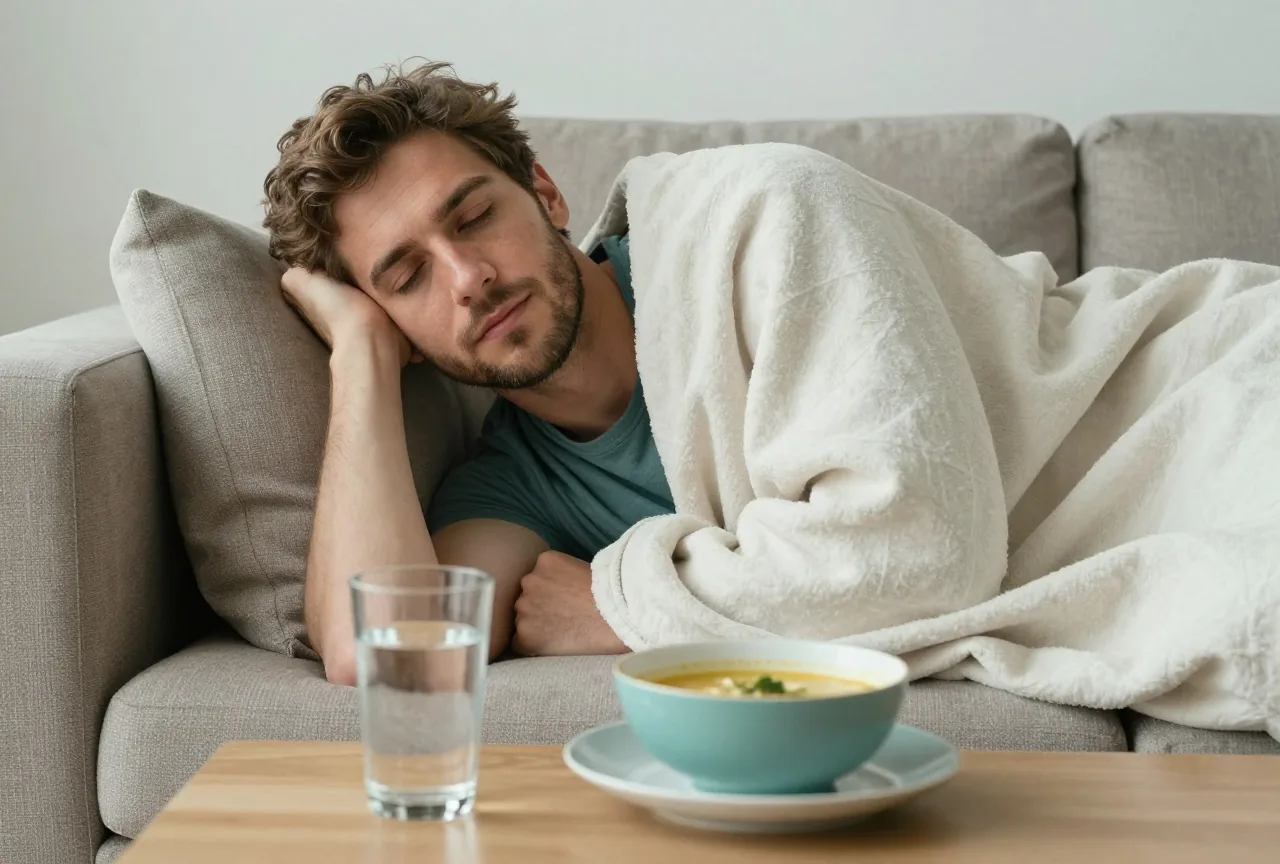 Mann in den Dreißigern ruht mit einer leichten Decke auf dem Sofa, auf dem Couchtisch ein Glas Wasser und eine Schale Suppe