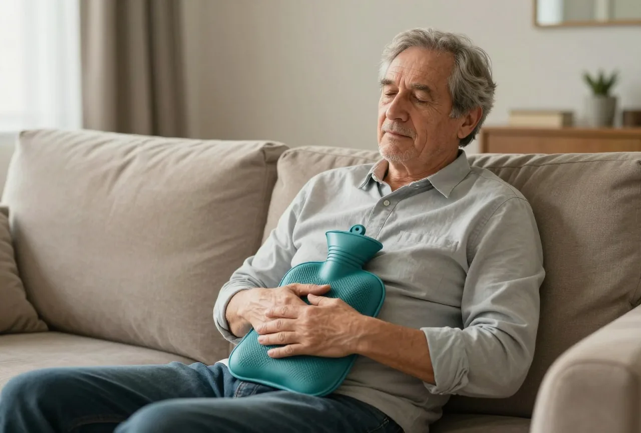 Mann in den Sechzigern sitzt auf dem Sofa und hält eine Wärmflasche auf dem Bauch