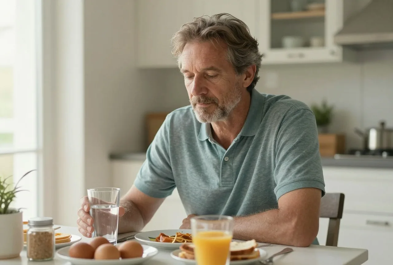 Mann in den Fünfzigern sitzt am Morgen vor dem Frühstück an einem gedeckten Tisch, vor ihm ein Glas Wasser