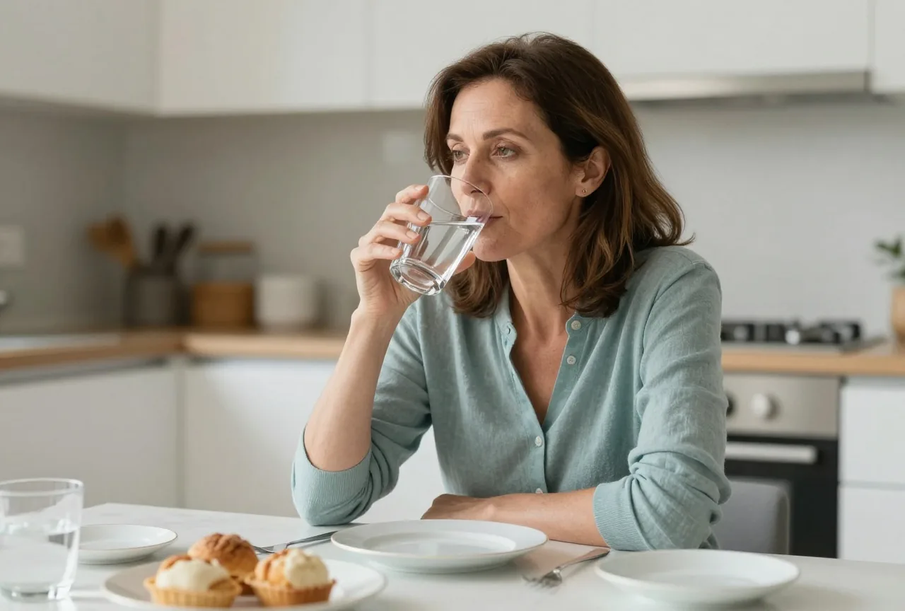 Frau in den Fünfzigern trinkt morgens am hellen Küchentisch ein Glas Wasser, das Frühstück steht noch zur Seite gerückt