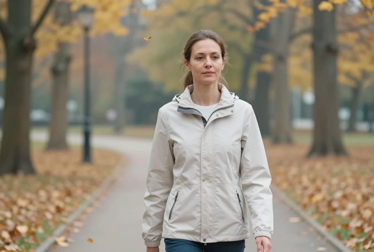 Frau Mitte dreißig geht an einem kühlen Herbstmorgen zügig auf einem Parkweg und atmet ruhig durch