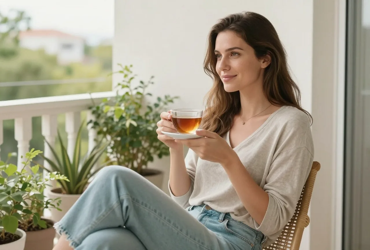 Frau in den Dreißigern sitzt an einem hellen Morgen entspannt mit einer Tasse Tee auf einem Balkon zwischen Pflanzen