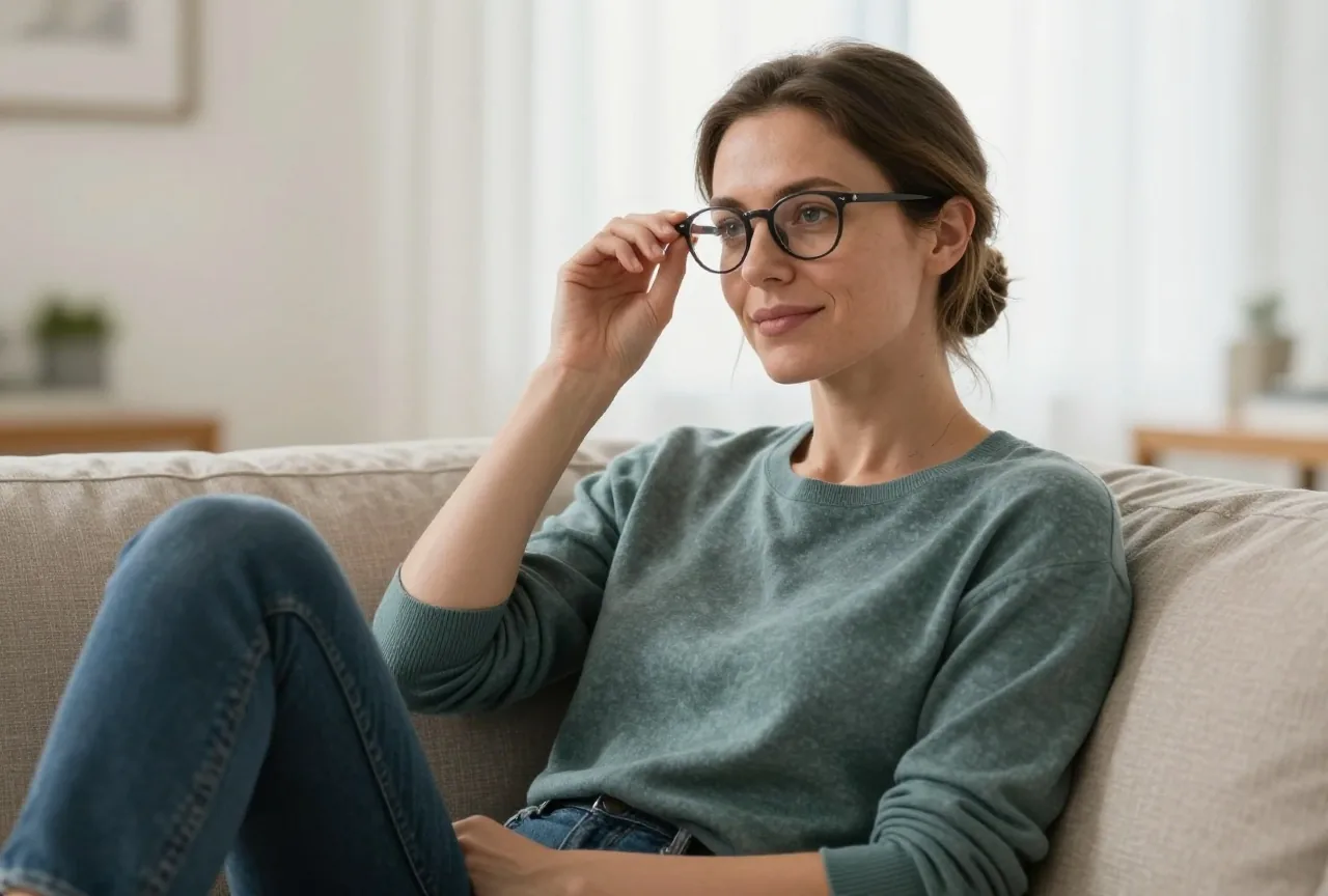 Frau in den Dreißigern mit Brille sitzt entspannt auf einem Sofa in einem hellen Wohnzimmer und rückt ihre Brille zurecht