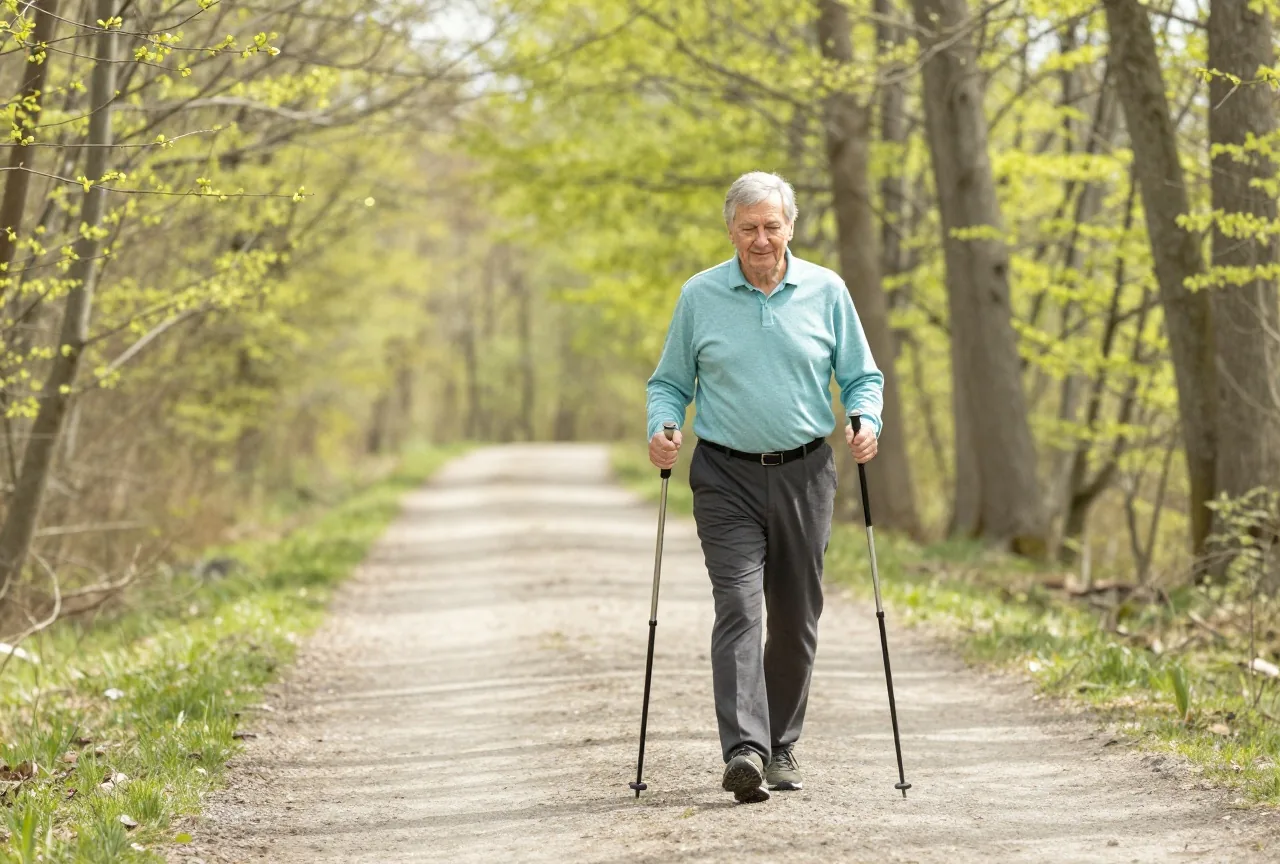 Älterer Mann mit grauem Haar geht mit Nordic-Walking-Stöcken auf einem sonnigen Waldweg
