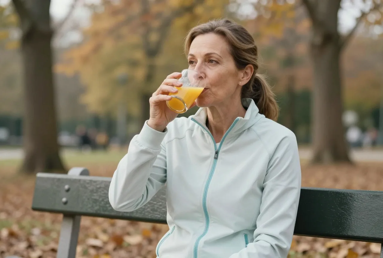 Frau in den Fünfzigern trinkt nach einem Spaziergang auf einer Parkbank ein Glas Fruchtsaft