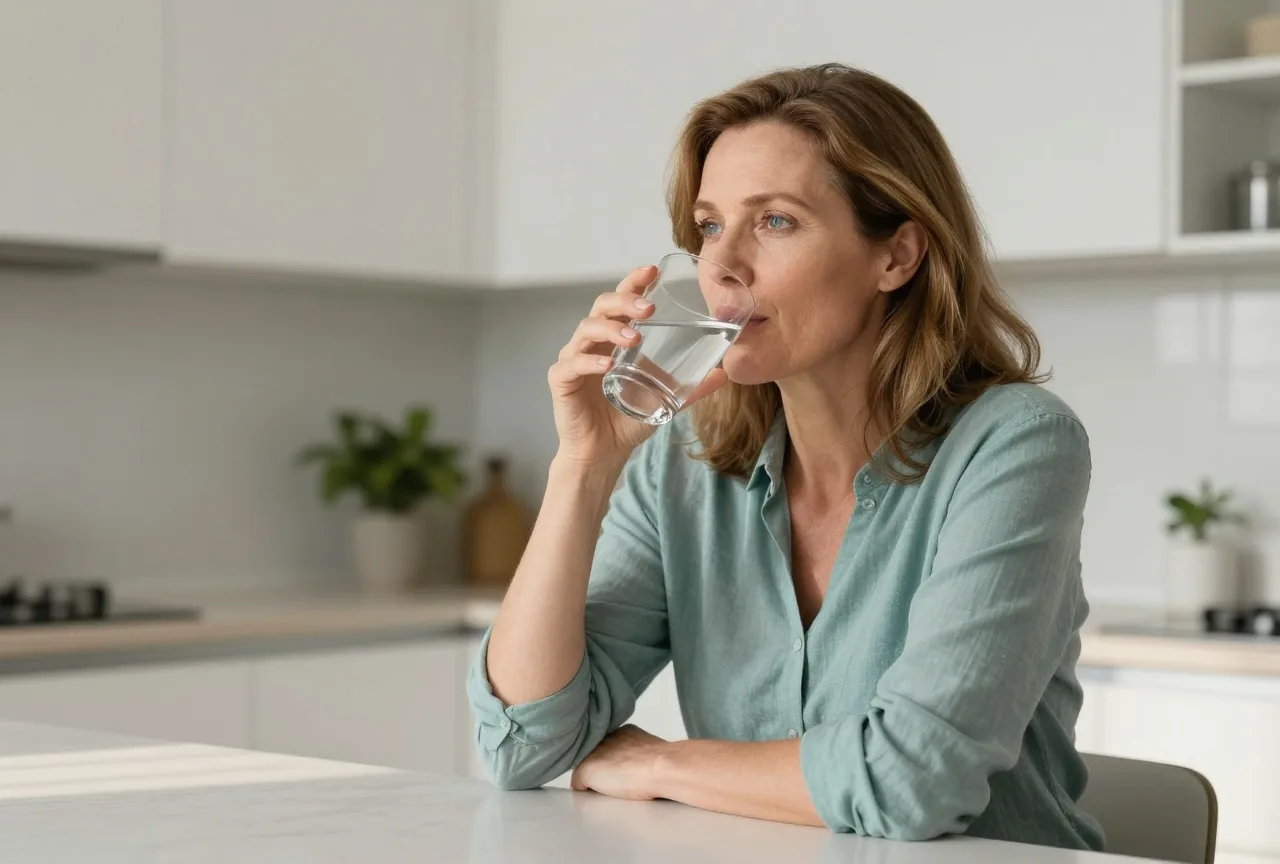 Frau in den Vierzigern trinkt in einer hellen Küche ein Glas Wasser